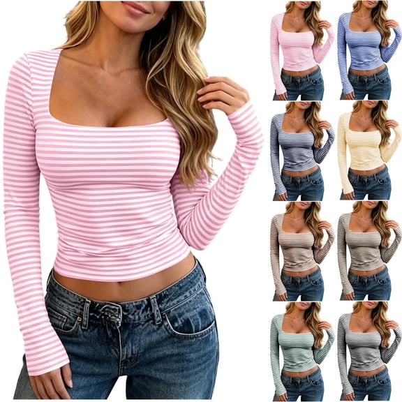 VBVC Women's Striped Square Neck Top , Ladies' Long Sleeve Crop Tee , Slim Fit Y2K T Shirt For Women, S-2XL