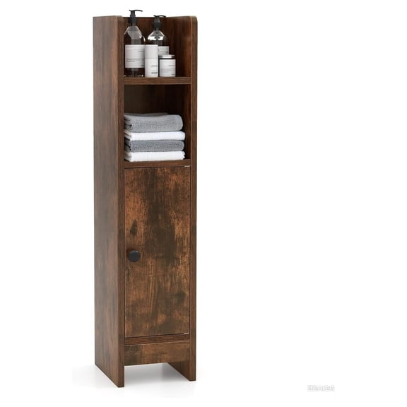 Small Bathroom Storage Cabinet, Slim Corner Floor Cabinet with Door and Adjustable Shelf, Freestanding Narrow Bathroom Organizers for Small Spaces (Rustic Brown)