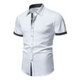 thumbnail image 2 of WREESH Men's Casual Button Down Shirts with Spliced Sleeve Turn Down Collar, Color Matching Short Sleeve Cardigan White, 2 of 9