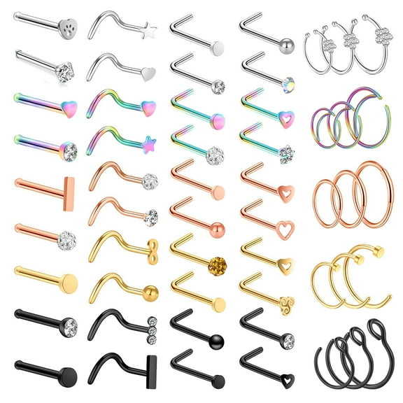 Avaner 55Pcs 20G Medical Stainless Steel L-Shaped Bone Screw Nose Ring CZ Stud Retainer Labret Piercing Jewelry for Women Men