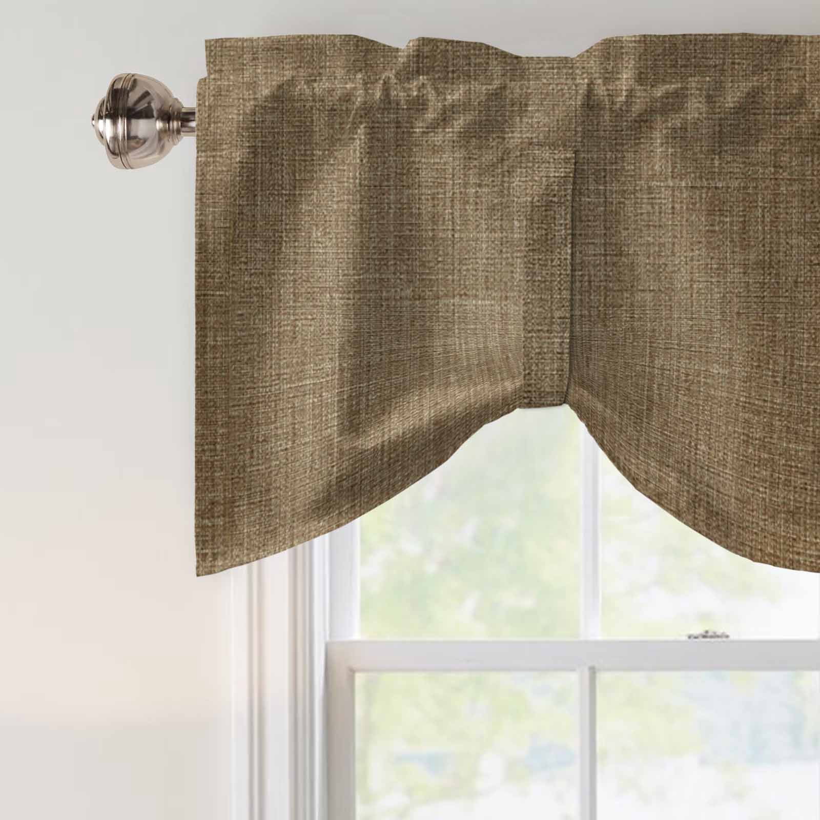 Tie Up Valances for Windows, Vintage Brown Adjustable Valance Curtains Window Treatment for Living Room, Farmhouse Retro Dark Solid Color Linen Texture Rod Pocket Kitchen Curtains 42x12 Inch