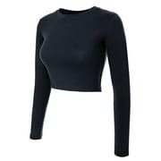 Made by Olivia Womens Solid Long Sleeve Round Neck Crop T Shirt Top