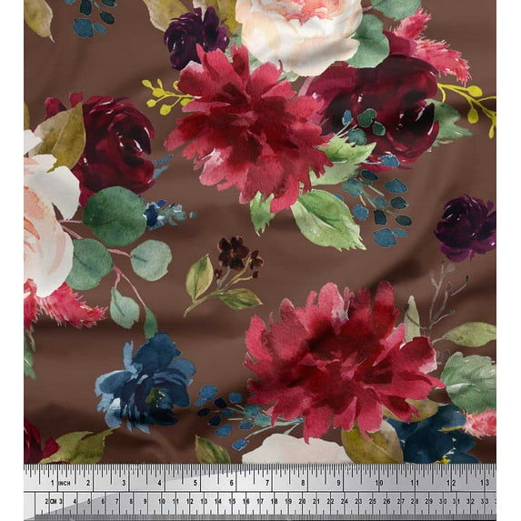 Soimoi Brown Rayon Fabric Leaves & Peony Floral Printed Craft Fabric by the Yard 42 Inch Wide