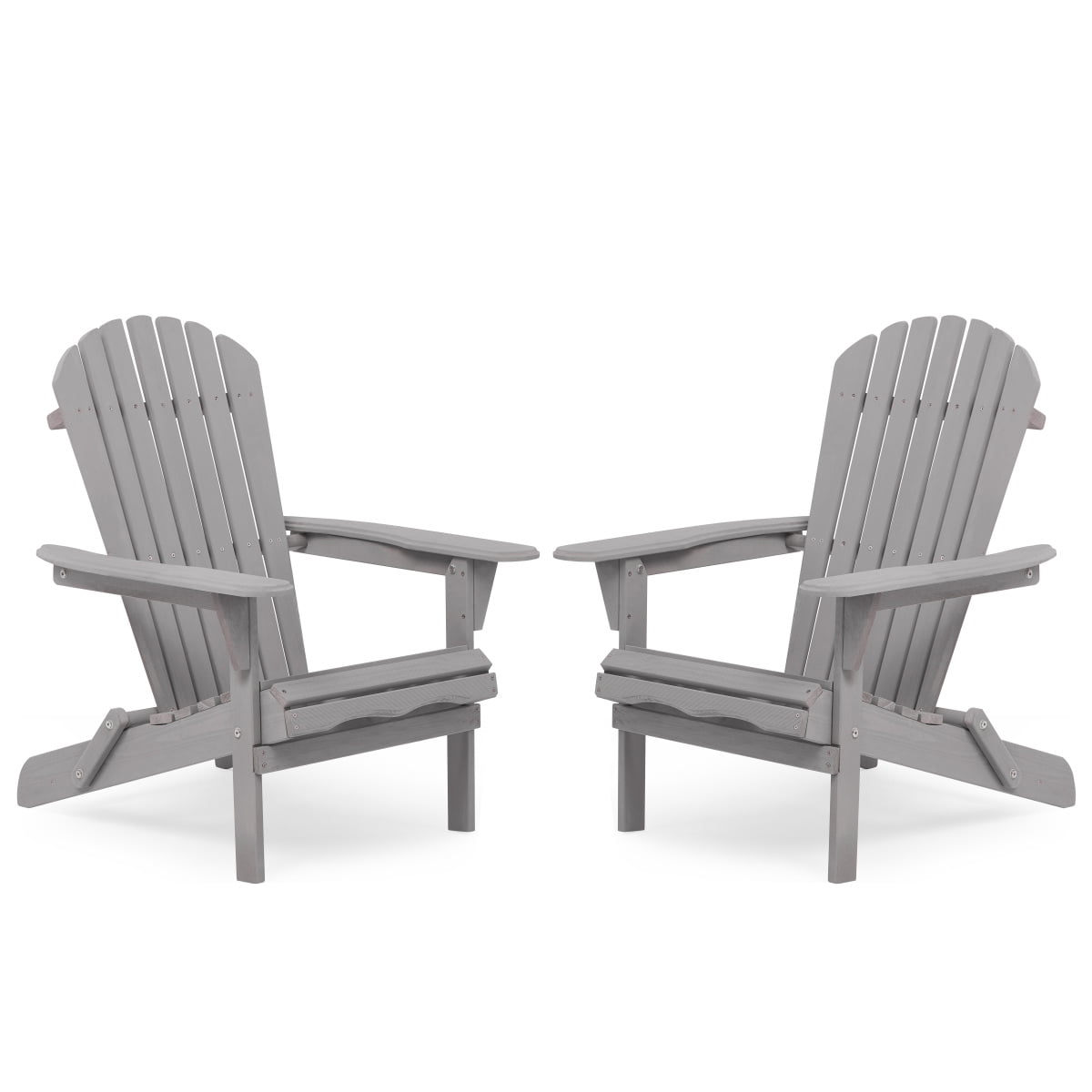 Solid Wood Folding Adirondack Chair Set of 2, Outdoor Wooden Lounge Patio Chair with Tall Backrest & Wide Armrests, Foldable Garden Chair for Lawn Backyard, Gray