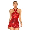 thumbnail image 3 of iEFiEL Womens Sparkle Sequins Leotard Cross Front Ballroom Tassel Latin Dance Dress Cocktail Dress Costume Red L, 3 of 7
