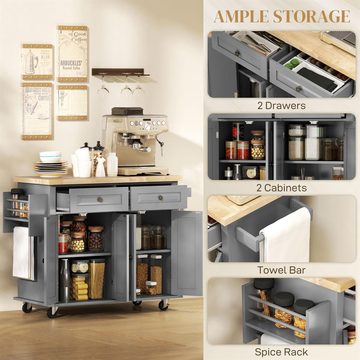 Demi Bonn 43" Rolling Kitchen Island Table Cart with Rubber Wood Top, Drawers, Adjustable Shelves, Spice Rack and Towel Rack for Dining Room, Gray