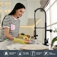 thumbnail image 2 of WOWOW Commercial Kitchen Faucet with Pre-Rinse Sprayer, 28-Inch Height Solid Brass Kitchen Sink Faucet 1 or 3 Hole Deck Mount, Matte Black Spring Kitchen Faucet with Dual Swing Spout, 2 of 8