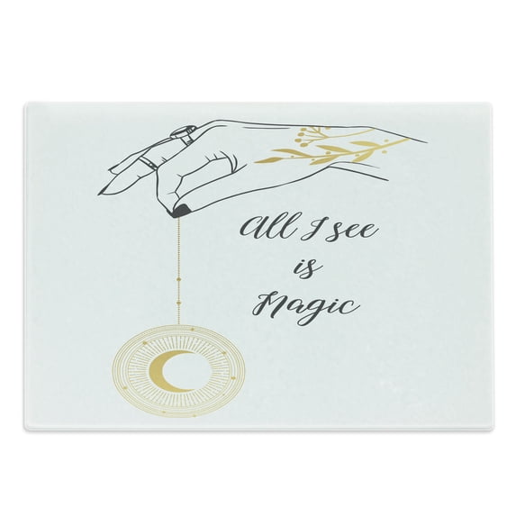 Moon Rays Cutting Board, Floral Themed Female Hand Image Holding a Crescent, Decorative Tempered Glass Cutting and Serving Board, in 3 Sizes, by Ambesonne