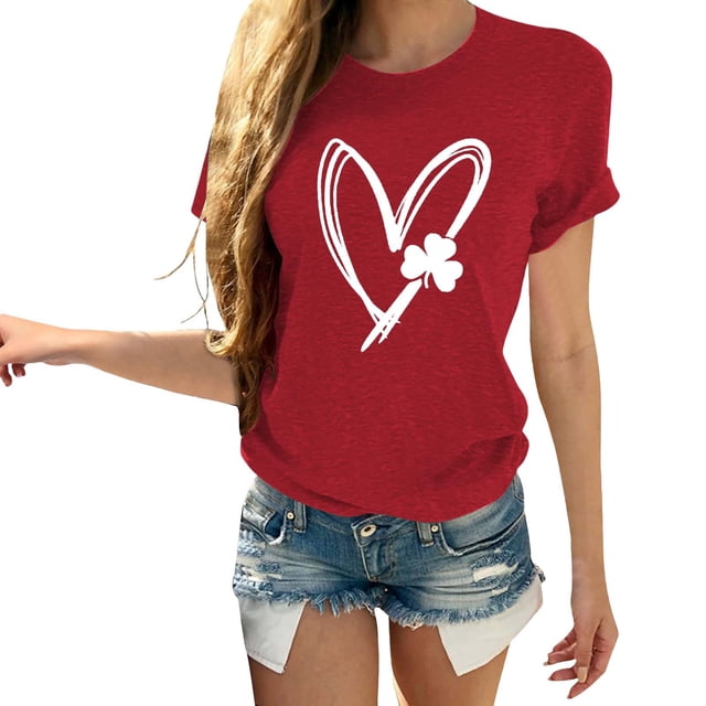 Pxiakgy Vente Chaude! T-Shirt Trèfle de la Saint-Patrick pour Femmes Chanceux Irlandais Manches Courtes T-Shirt Graphique Trèfle Mode Décontractée Imprimé Amour Col Rond Manches Courtes T-Shirt