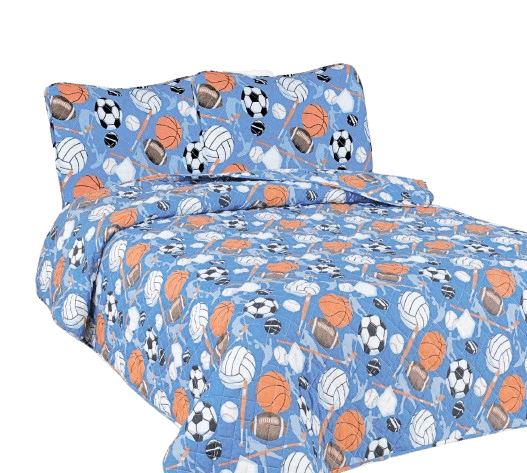 3-Piece Full Patchwork Sport Blue for Kids Microfiber Bedding Quilt Set, 1 Print Quilted Coverlet with 2 Matching Pillow Shams Included