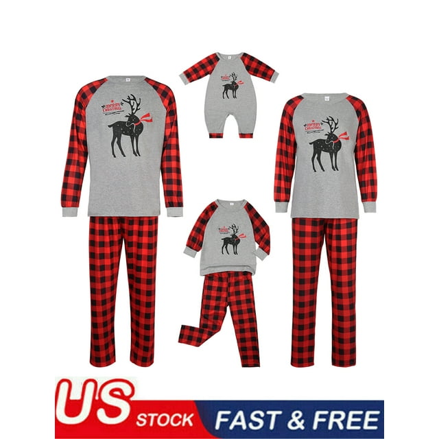 Ensembles de Pyjamas de Noël Assortis pour la Famille, Bas de Pyjama Élan 2 Pcs / Barboteuse pour Papa Maman Enfants Bébé