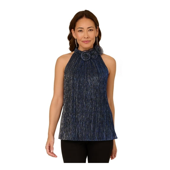 ADRIANNA PAPELL Womens Navy Textured 3d Fabric Flowers Back Keyhole Sleeveless Halter Party Top 2