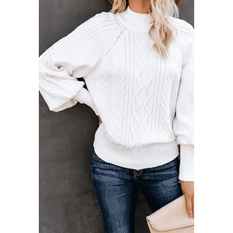 BESTSPR Sweaters for Women Crew Neck Cable Knit Ribbed Lantern Sleeve  Knitted Pullover Sweater S-3XL 