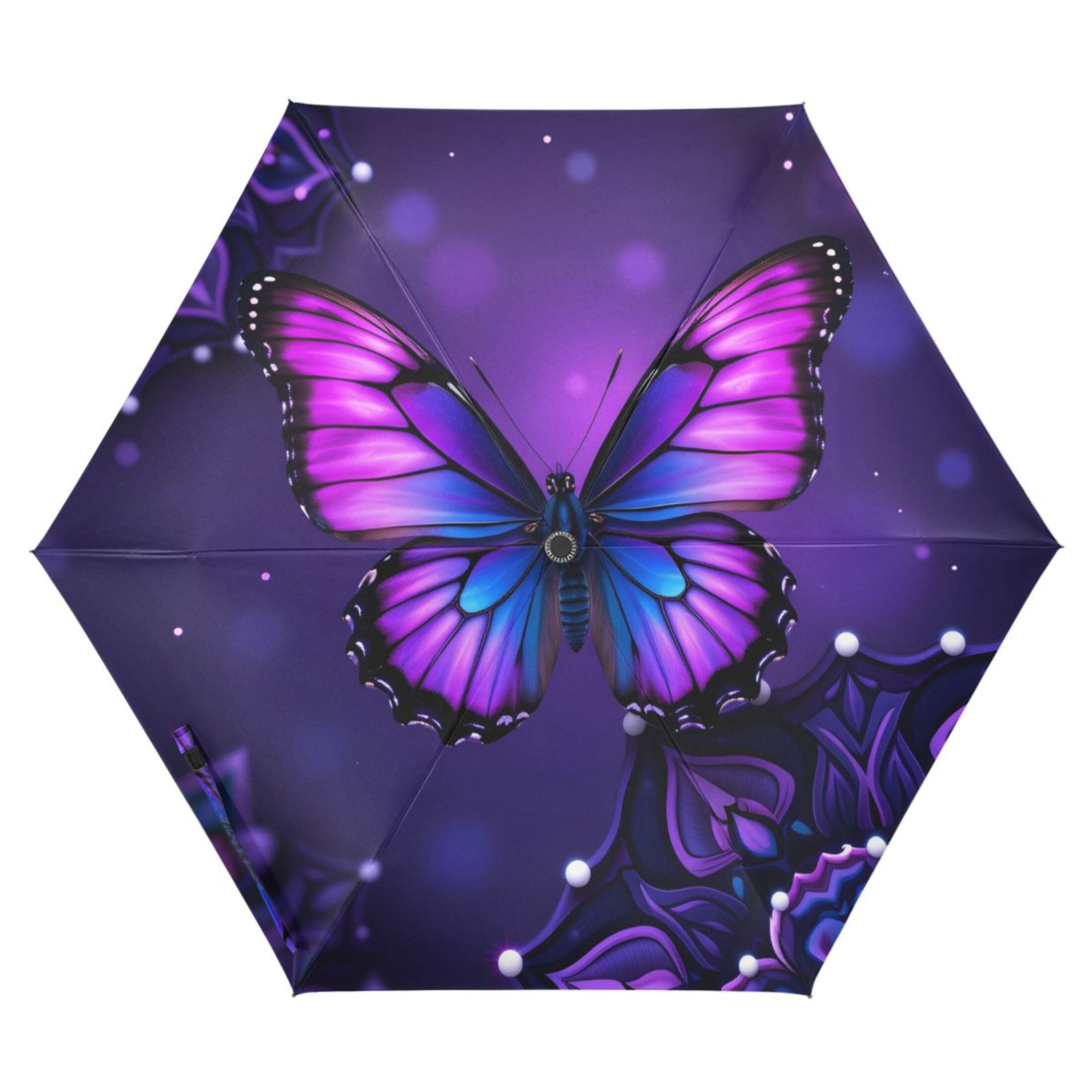 Mandala Flowers Purple Butterflies All Weather Umbrella Triple Folding Parasol 6 Ribs UV Protection Portable