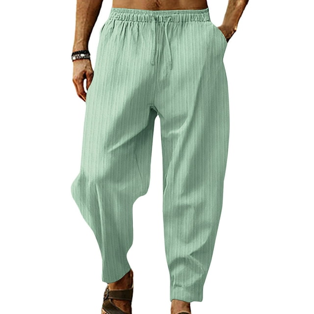 Tenmix Men's Drawstring Summer Pant Fitted Linen Pants Solid Color Beach Trousers Elastic Waist Bottoms Light Green XS