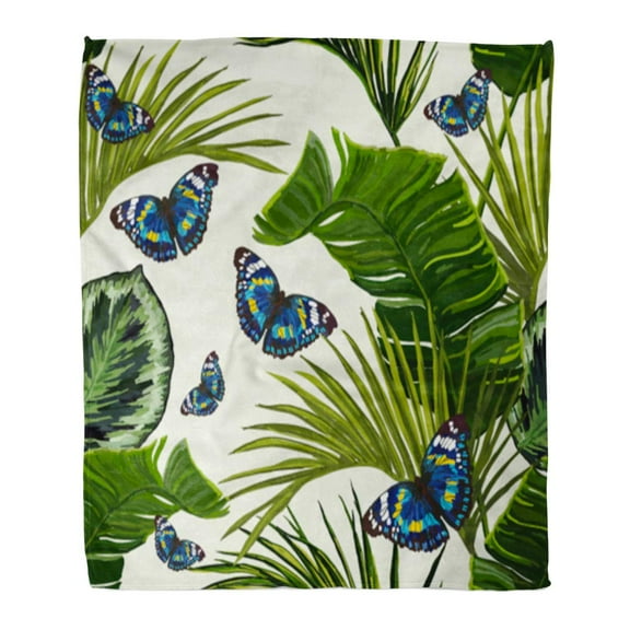 ASHLEIGH Flannel Throw Blanket Green Butterfly Tropical Summer Pattern Butterflies Tree Botanical Brazil Soft for Bed Sofa and Couch 50x60 Inches