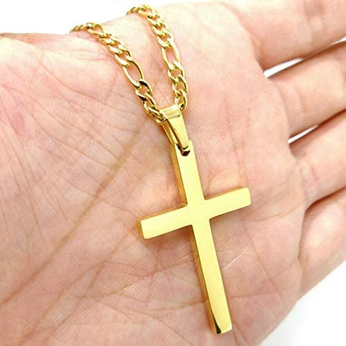 14K Gold Figaro Link Chain Cross Pendant Necklace Solid Clasp for 