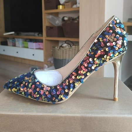 

2021 New Arrivals Sale Blue Bling Sequins Women Sexy Extremely High Heels Pointed Toe Slip On Stiletto Chic Pumps Ladies Party Wedding Shoes Express Shipping Included