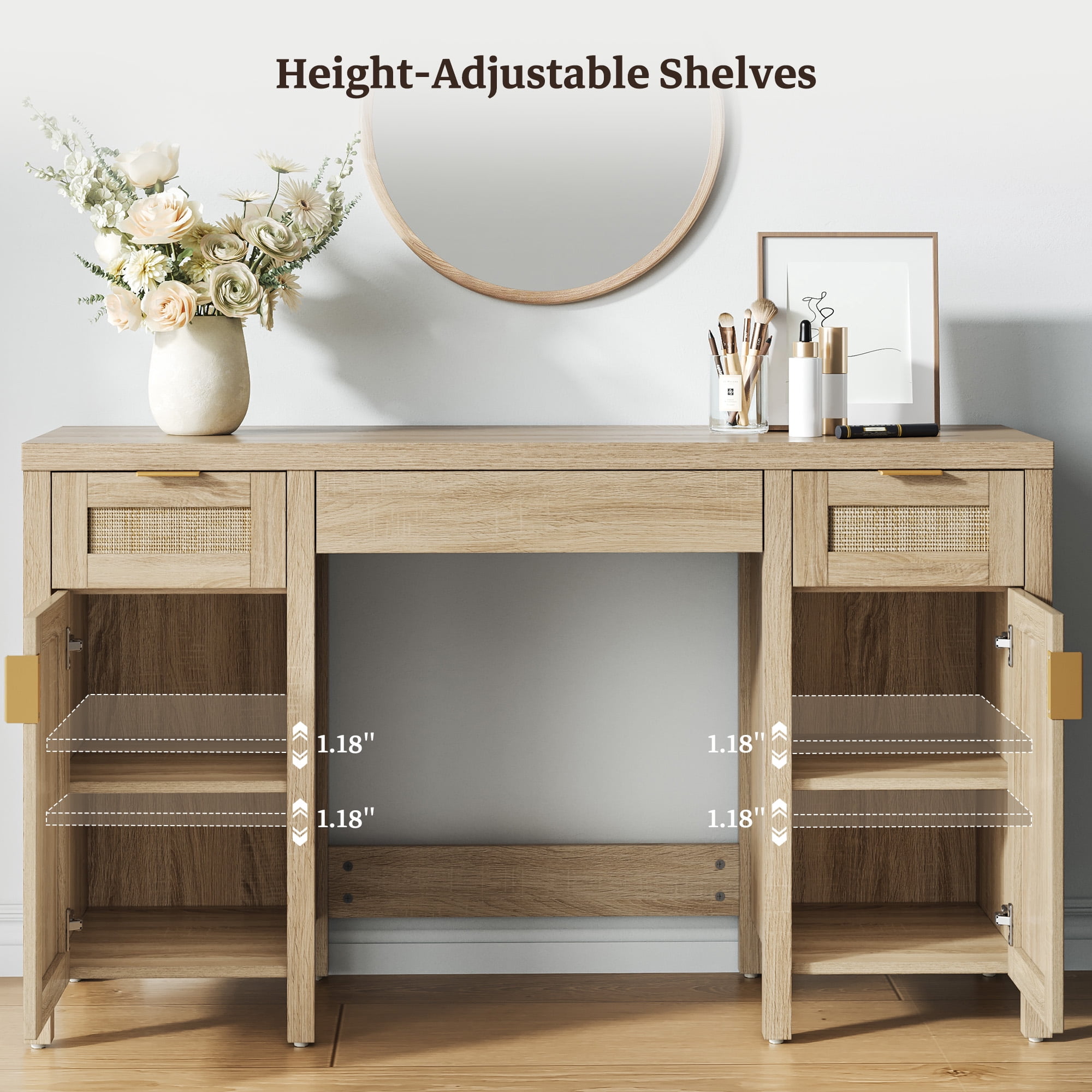 SICOTAS Boho Vanity Desk with 3 Drawers & 2 Storage Cabinets, 52" Rattan Makeup Desk with Adjustable Shelves, Farmhouse Dressing Table for Bedroom, Executive Computer Desk for Home Office, Light Oak