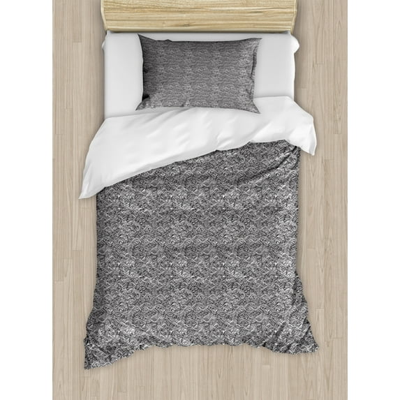 Abstract Duvet Cover Set Twin Size, Chaotic Waves with Swirls Curves Jumble Wild Urban Creative Modern Art, Decorative 2 Piece Bedding Set with 1 Pillow Sham, Charcoal Grey White, by Ambesonne