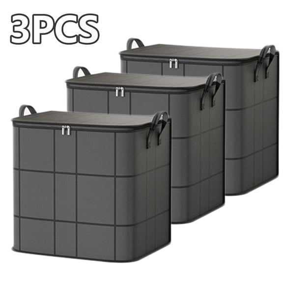 Clothes Storage Bags, 3 Pack 100L Large Comforter Blanket Organizer Containers, Foldable Moving Bags with Reinforced Handles, Grey Grid