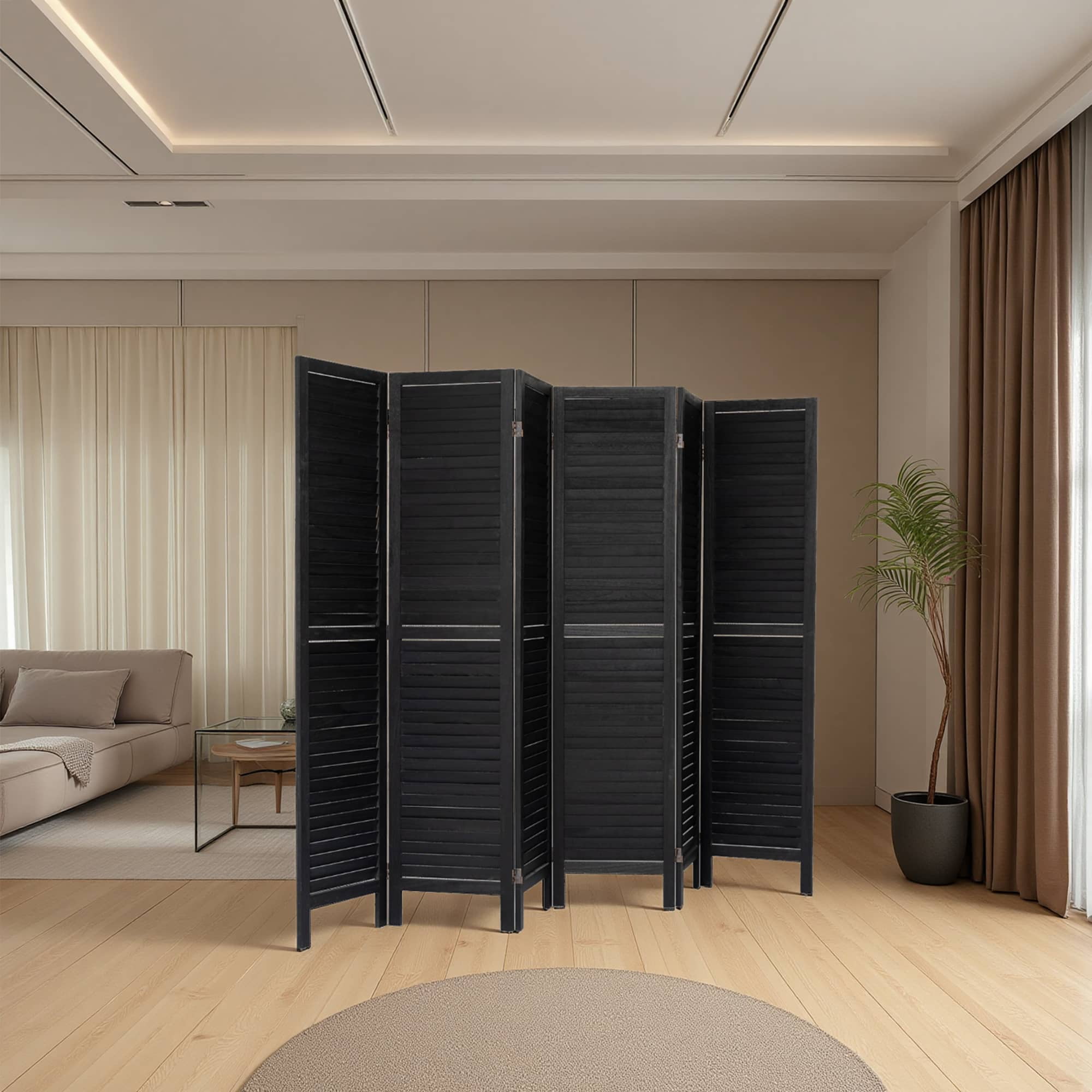 MAYEERTY 6 Panel Room Divider, 5.6Ft, Freestanding Louvered Folding Privacy Screen, Black