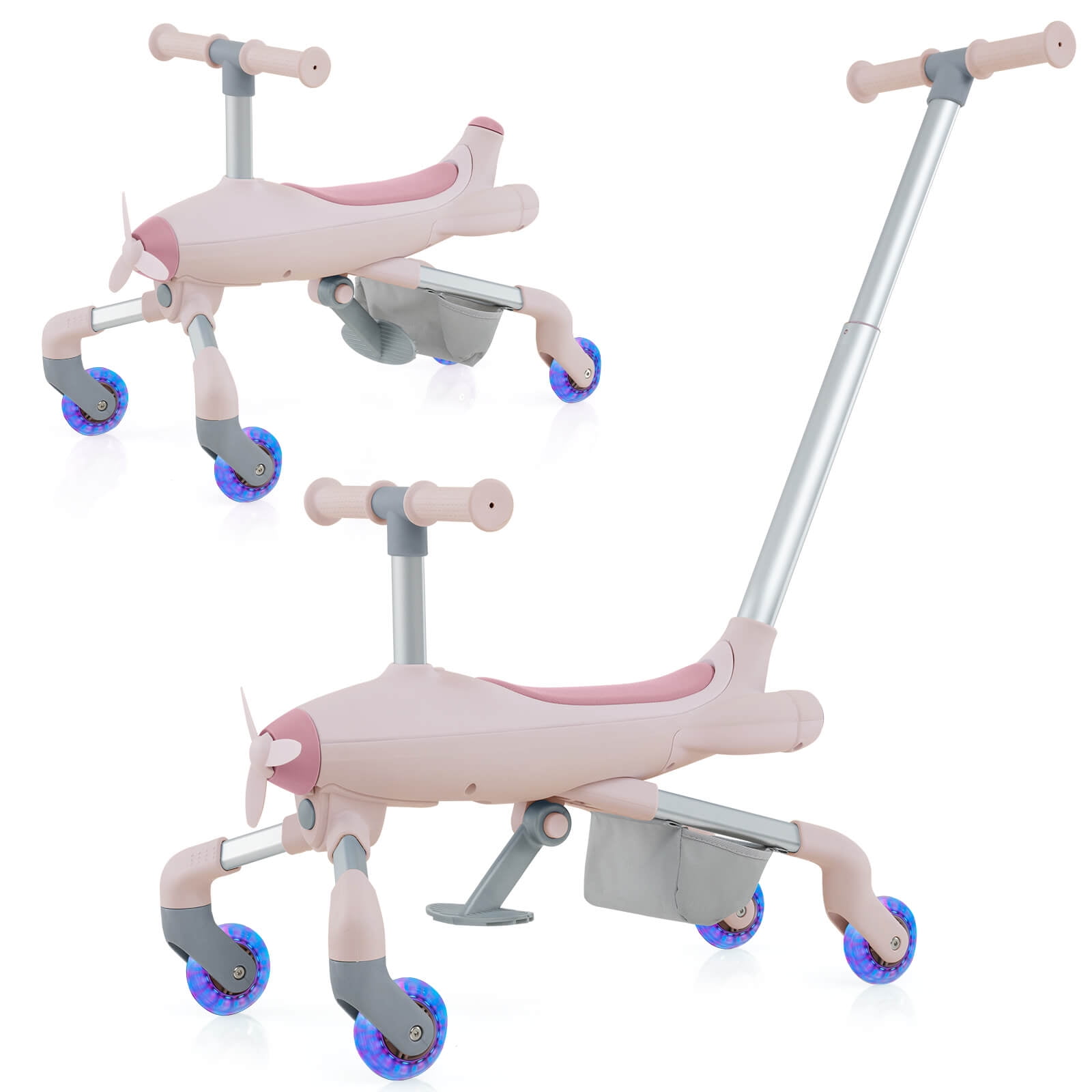 Infans 2-in-1 Kids Ride-on Push Car w/ LED Lighted Wheels Removable & Adjustable Handle