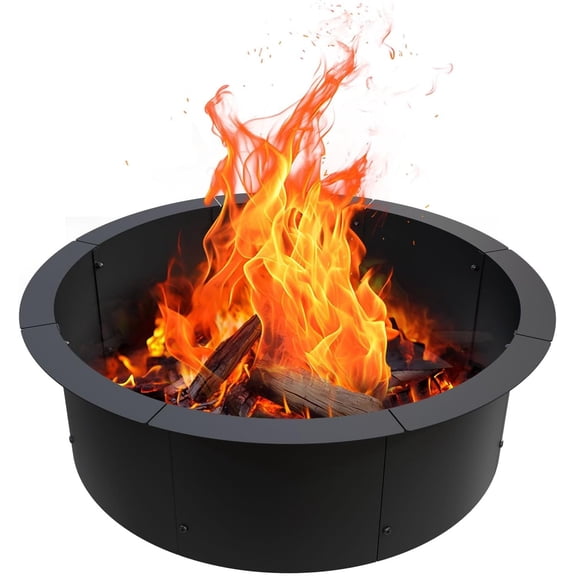 32" Fire Pit Ring Metal Steel for DIY Wood Burning Insert Campfire Firepit Rim Fire Pit Liner with Collar Support for Patio, Backyard or Camping, Heavy Duty Easy Assembly, Round, Black