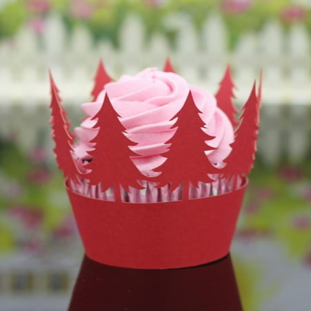 Christmas Cake Rec Gobestart 24Pcs Christmas Hollow Lace Cup Muffin Cake Paper Case Wraps Cupcake Wrapper Red ()