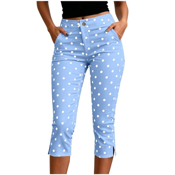 TEAJOPSUU Women's Capris Leggings Polka Dot Button Zipper Front Cropped Pant with Pockets Casual Slim Fit Yoga Workout Loungewear Trosuers Light Blue