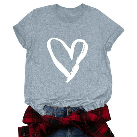 

Fsqjgq Womens Tops Woman Tees Womens Casual Round Neck Short Sleeved Love Printed T Shirt Top Long Sleep Shirt Women T Shirts for Women Grey S