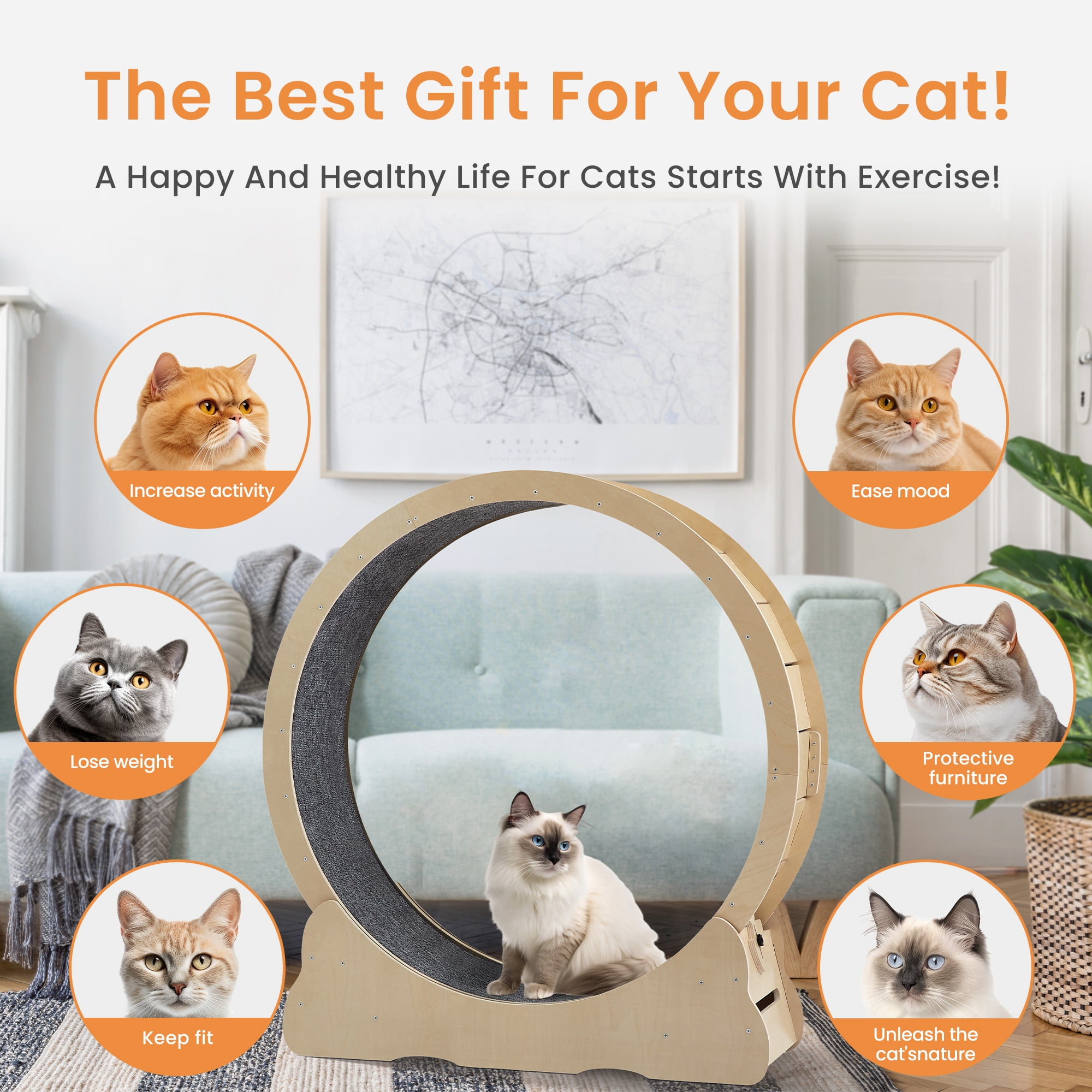 Kadyn 39" Cat Exercise Wheel for Indoor Cats, Cat Running Wheel with Carpeted Runway, Cat Sport Treadmill Wheel for Kitty’s Longer Life, Beige