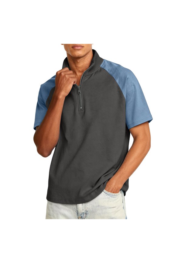 1/4 Zip Pullover Mens Casual Color Block Shirts Fashion Short Sleeve Standing Neck Henley Shirtss Comfy Lightweight T Shirts Black 2XL