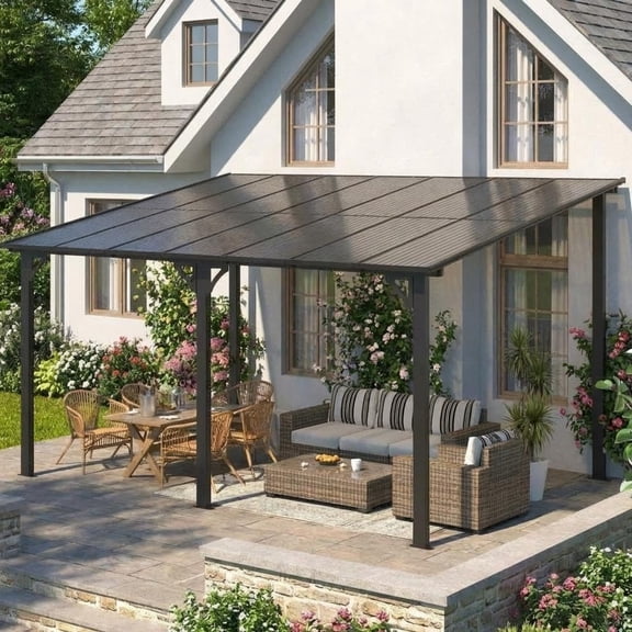Wall Mounted Gazebo – 14x10ft Hard Top Lean to Pergola with Roof & Gutters – Heavy Duty Outdoor Awning for Patio, Deck, Porch, Backyard – Weather Resistant Shelter