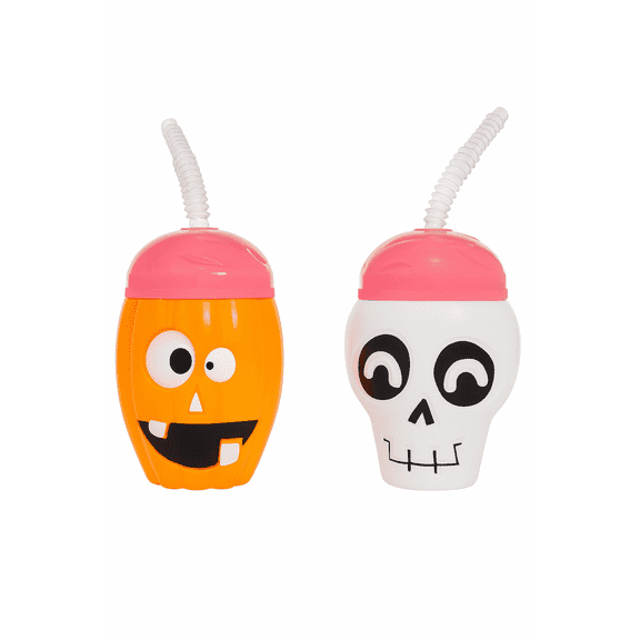 Pumpkin & Skull Plastic Cups with Lids and Straws 16 oz Reusable Set 2 Count