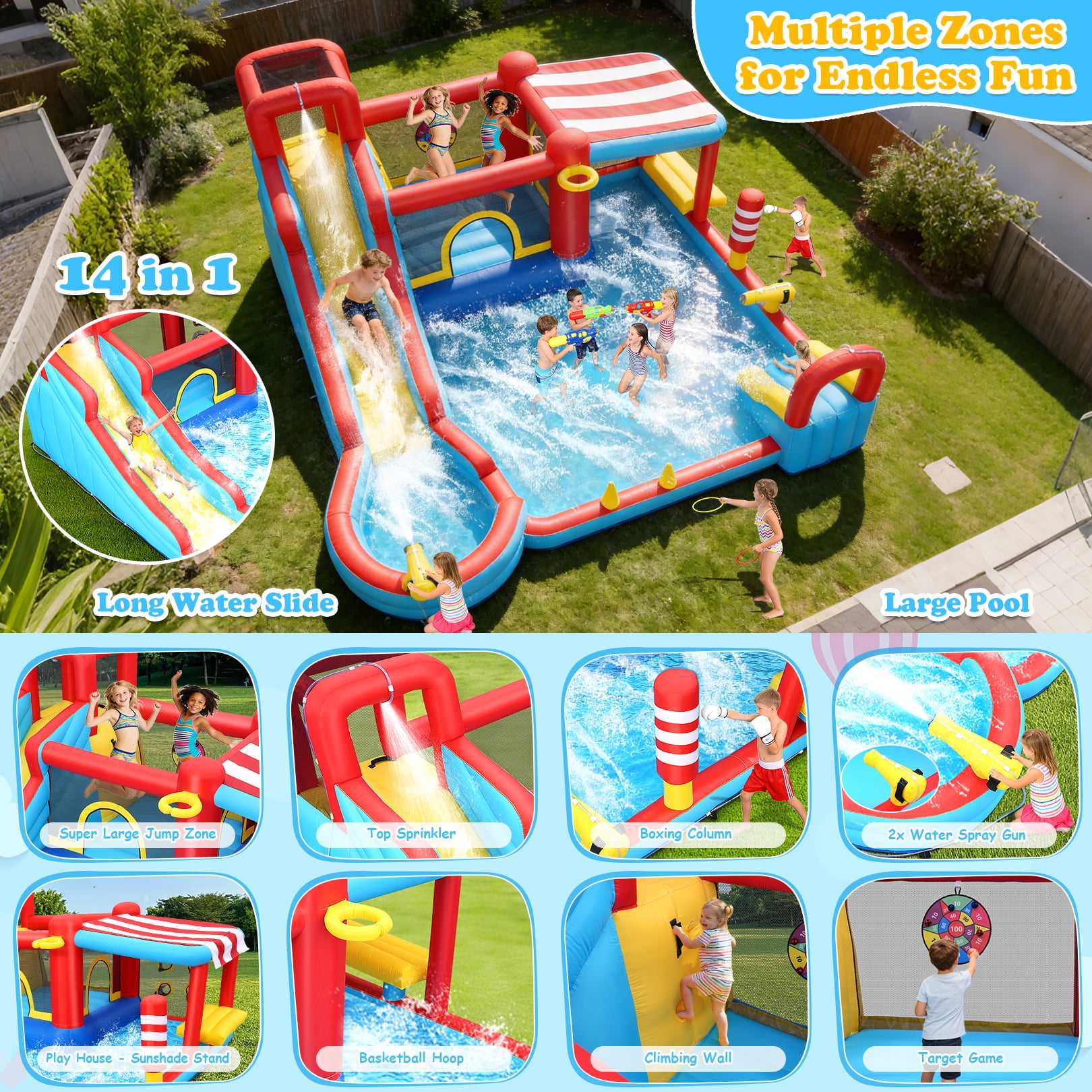 Veeboto Inflatable Water Slide with Dual Slides, Bounce House with Climbing Wall, Dual Ball Pools, Water Guns, Basketball Hoop and Punching Game, Indoor/Outdoor Kids Inflatable Castle with Blower