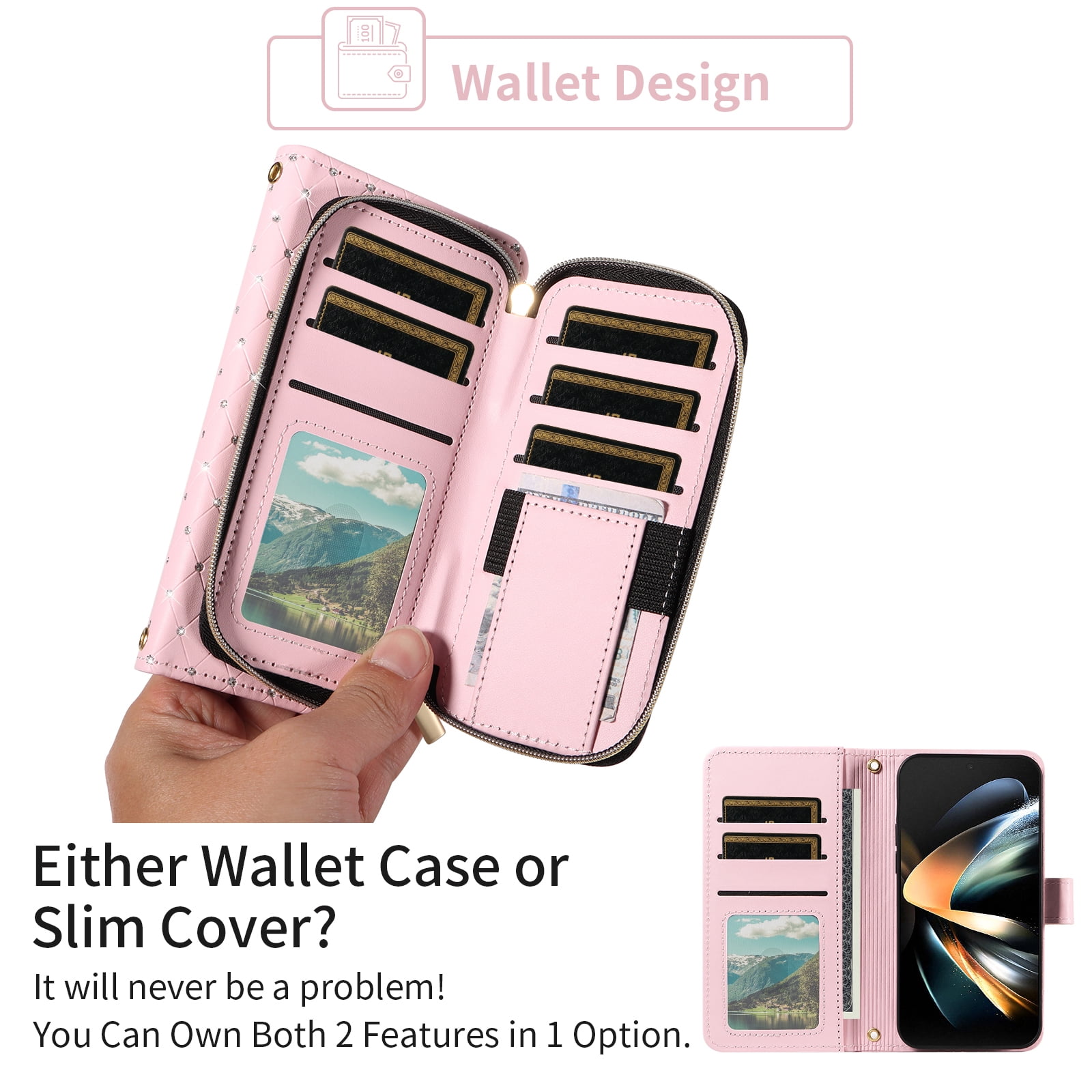 Asuwish Compatible with Samsung Galaxy Z Fold 4 5G 2022 Wallet Phone Case and Bling Glitter Crossbody Lanyard Strap Flip Zipper Purse Card Holder Cell Cover for ZFold4 Z4 Fold4 4Z Fo4 Women Men Pink