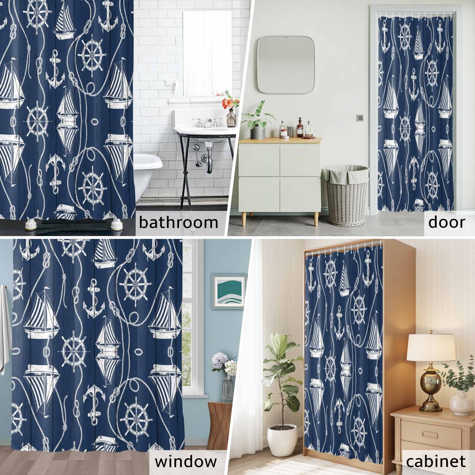 Shower Curtain Bathroom Set Coastal Sailboat Compass Anchor Waterproof Fabric Shower Curtains with Grommets&Hooks, Nautical Theme Navy Blue Wood Privacy Bath Curtain for Bathtub 72x72in