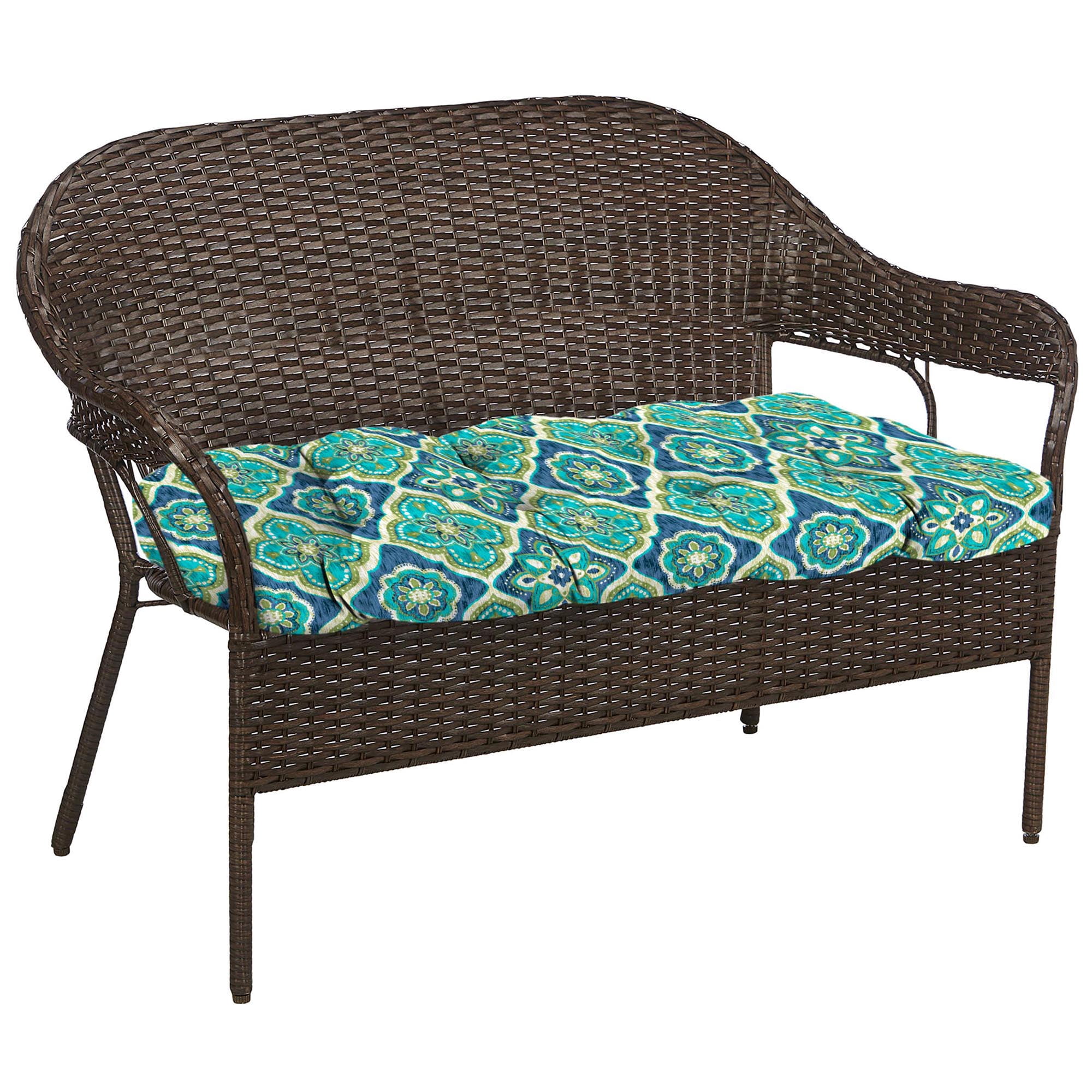 Jordan Manufacturing 44" x 18" Adonis Capri Teal Geometric Rectangular Tufted Contoured Outdoor Wicker Settee Bench Cushion