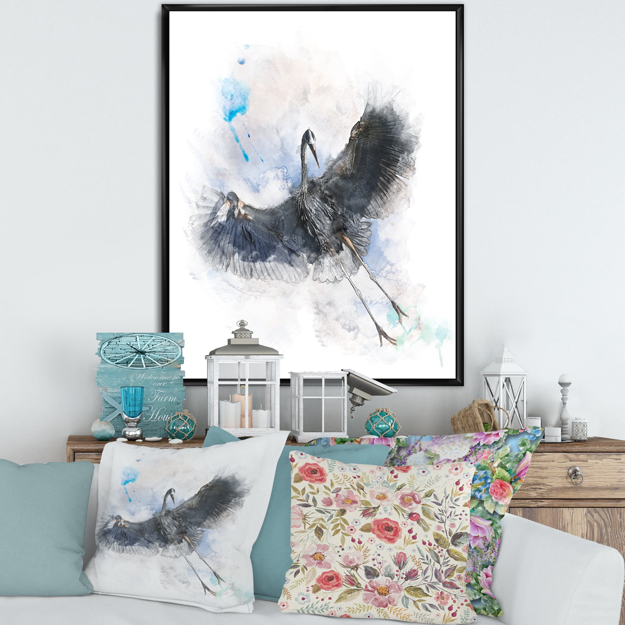 Designart 'Great Dark Blue Heron Bird Illustration' Farmhouse Framed Canvas Wall Art Print