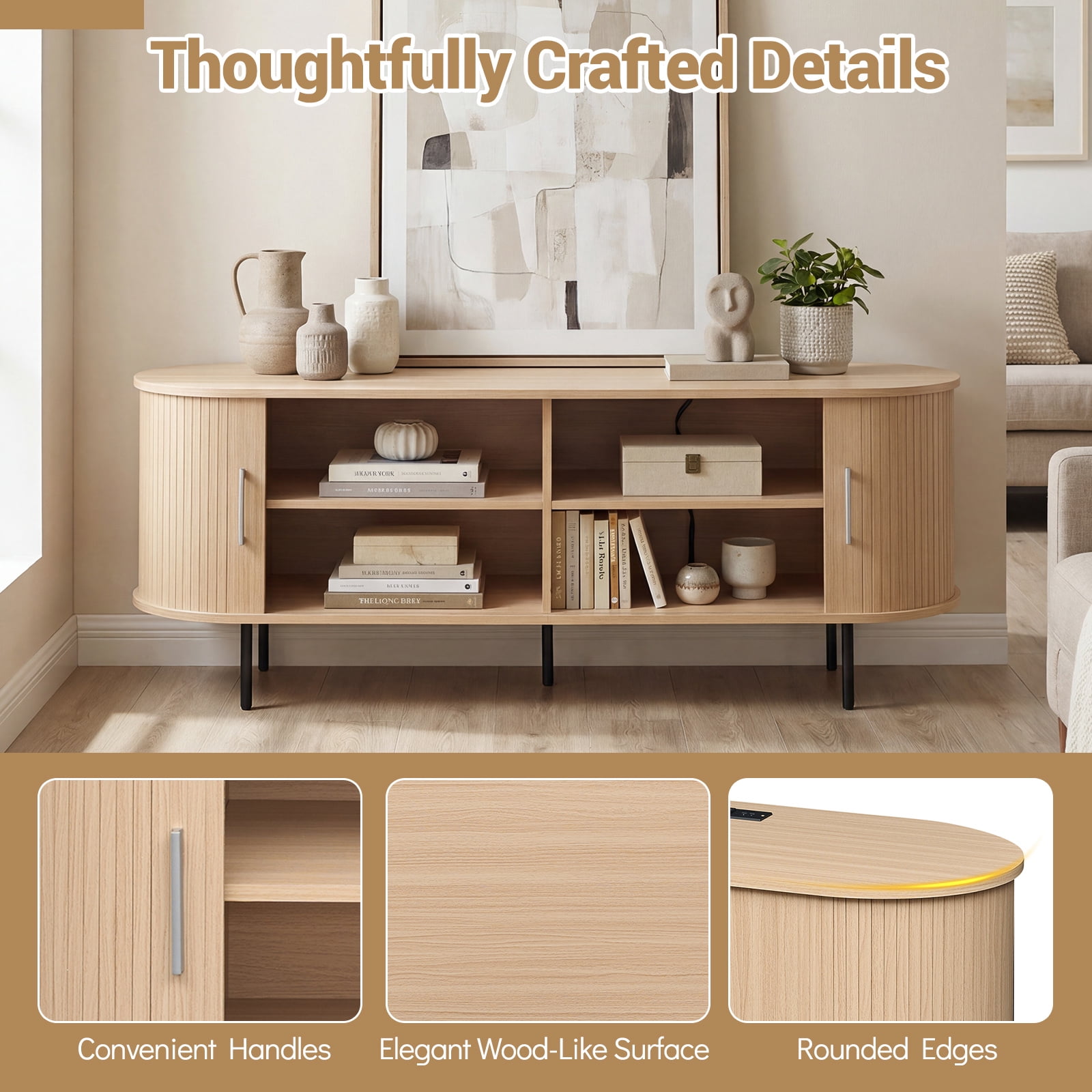 Costway Fluted TV Stand for TVs up to 60”, Mid Century Curved Entertainment Center Natural