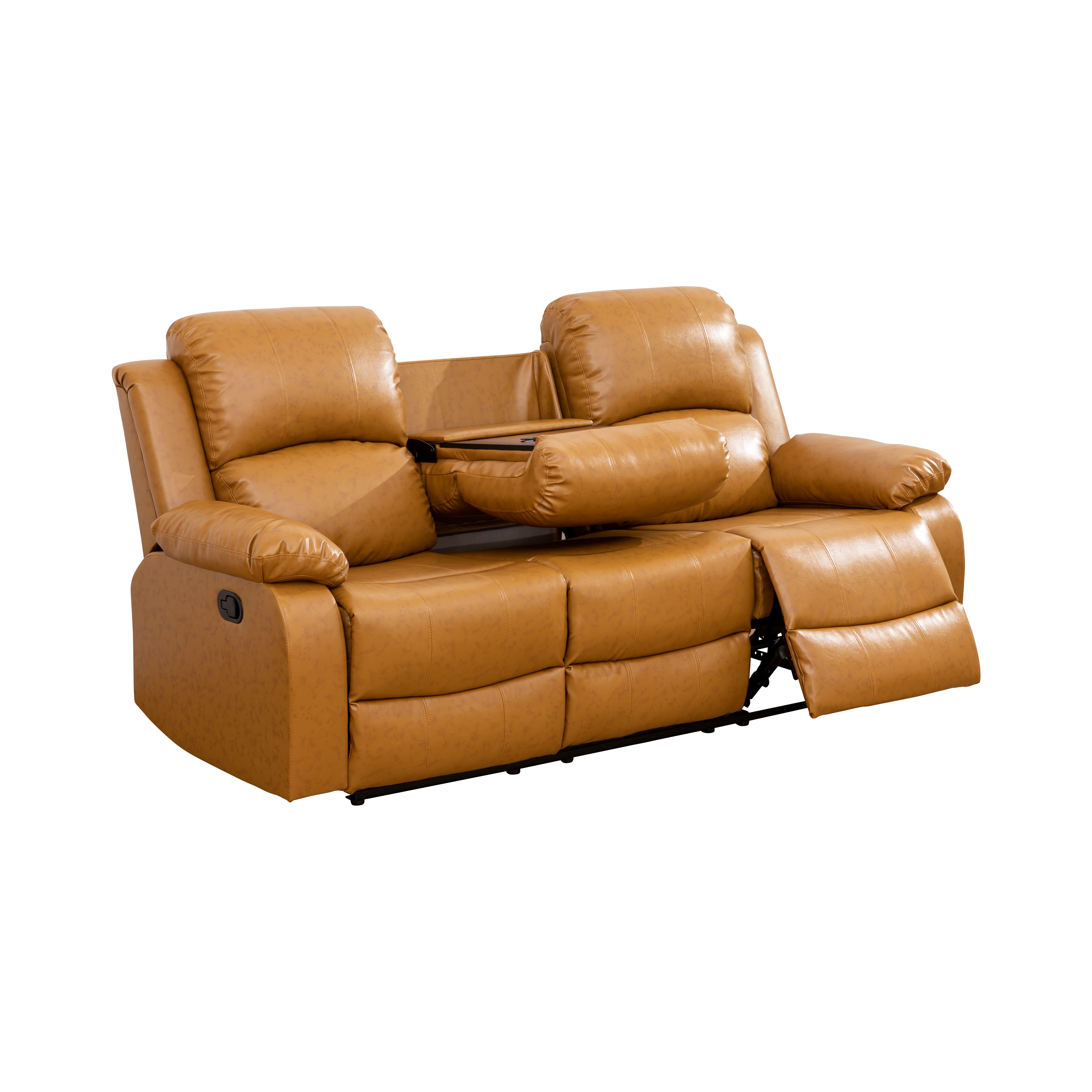 MAYEERTY Reclining Sofa, 3-Seat Wear-Resistant Breathable Fabric Recliner with Reversible Coffee Table for Living Room, Ginger