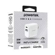 Powertek 20W USB-C PD + USB-A Dual Port Wall Charger, Carbon Design, White