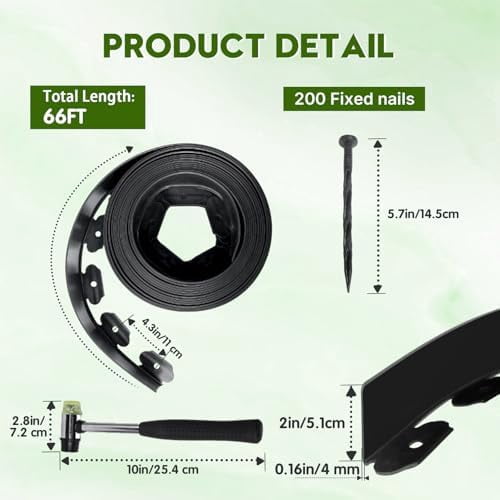 No Dig Landscape Edging 66FT, 2 Inch Plastic Edging for Landscaping with 200 Spikes, for Garden, Lawn, Flower Beds and Yard, Black