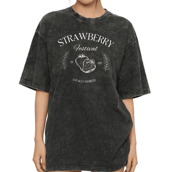 Women's Vintage Strawberry Festival Locally Sourced Graphic Comfortable Crew Neck Washed T Shirt Black S-2XL Plus Size