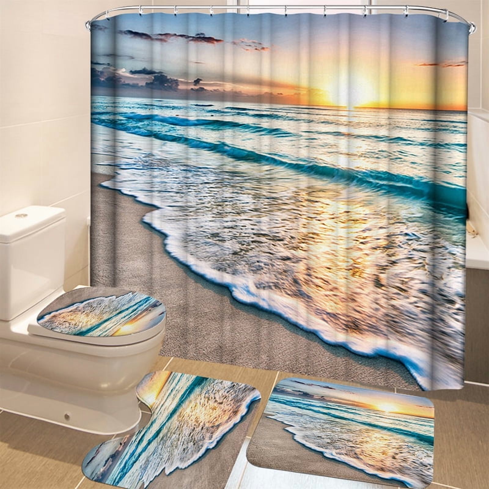 BSHAPPLUS Shower Curtain Set Sunset Beach Bathroom Sets with Shower Curtain and Rugs Waterproof Shower Curtain 12 Hooks for Bathroom 70.9 x 70.9 inches