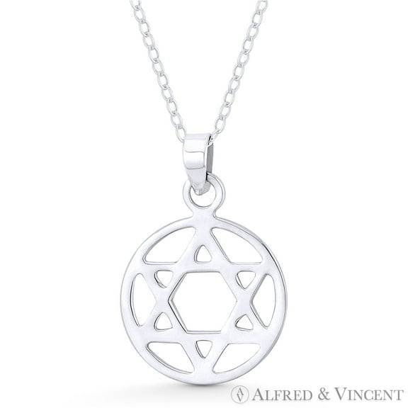 Star of David / Jewish Magen Charm & Circle Pendant & Chain Necklace in .925 Sterling Silver