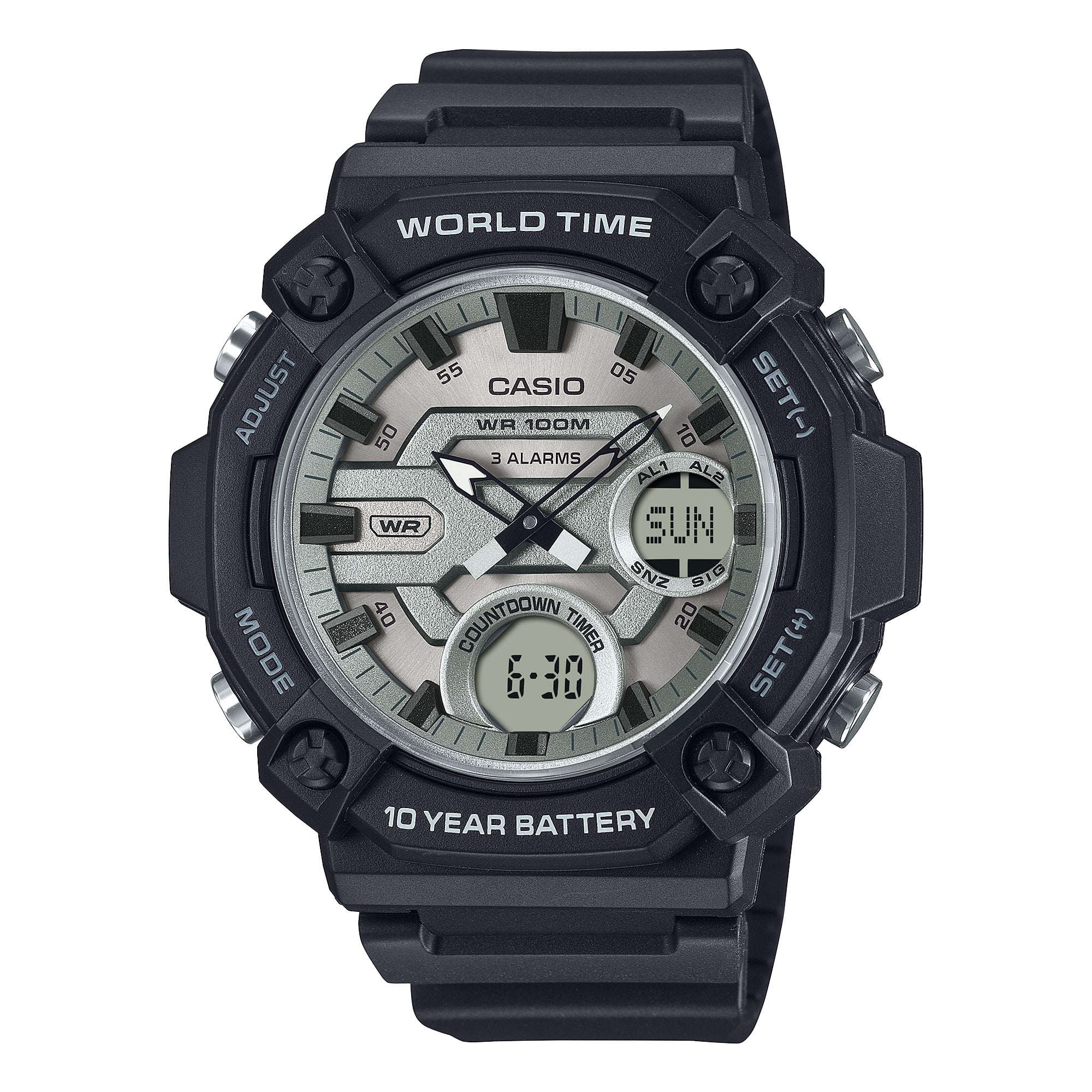 Casio Mens Chronograph Wristwatch 100M Water Resistant 10-Yr Battery White & Black