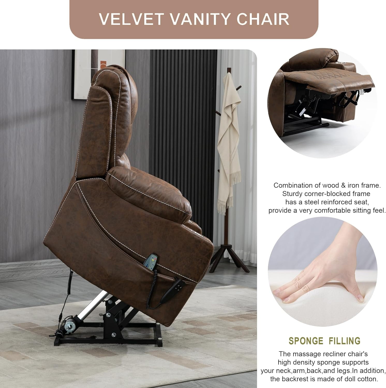 REHOUSING Adult Leather Power Lift and Massage Recliners, Brown