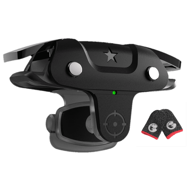 gamesir f5 falcon mini gamepad gatillo electrico l1 o r1 negro — Clip frontal 3/4 del gatillo móvil negro con carcasa plástica curvada, botón capacitivo plateado, LED indicador verde y símbolo de mira impreso; diseño compacto plug-and-play que se sujeta al borde del smartphone, compatible izquierdo o derecho. Adecuado para modos de ráfaga y grabación de frecuencia de fuego en juegos FPS y de carreras; a menudo usado como accesorio para transporte de controles pequeños.